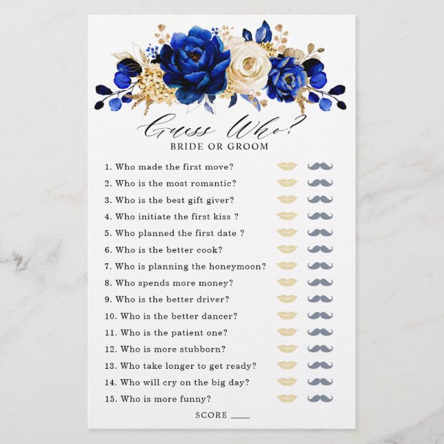 Royal Blue Gold Bridal Shower Game Guess Who (Front)