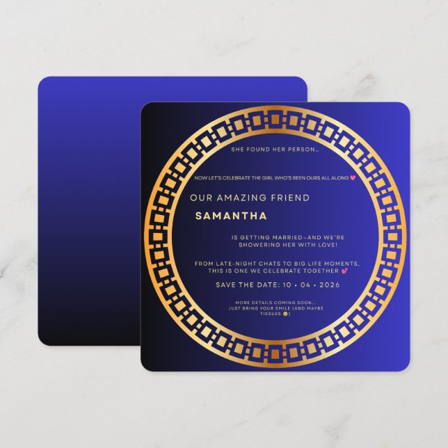 Royal Blue & Gold Bridal Shower Invitation – Elega (Front/Back)