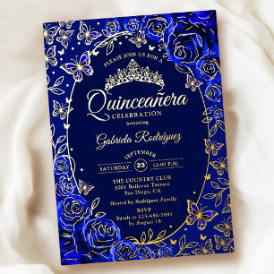 Royal Blue Gold Butterflies Roses Quinceanera Foil Invitation