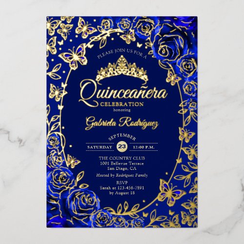 Royal Blue Gold Butterflies Roses Quinceanera Foil Invitation