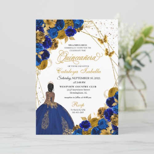 Royal Blue Gold Butterfly Princess Quinceanera Invitation