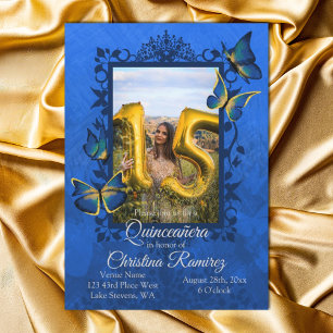 Royal Blue, Gold Butterfly Quinceanera Invitation