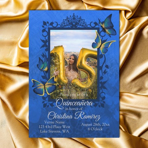 Royal Blue Gold Butterfly Quinceanera Invitation