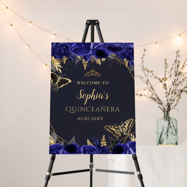 Royal Blue Gold Butterfly Quinceañera Welcome Sign (In Situ (Stand))
