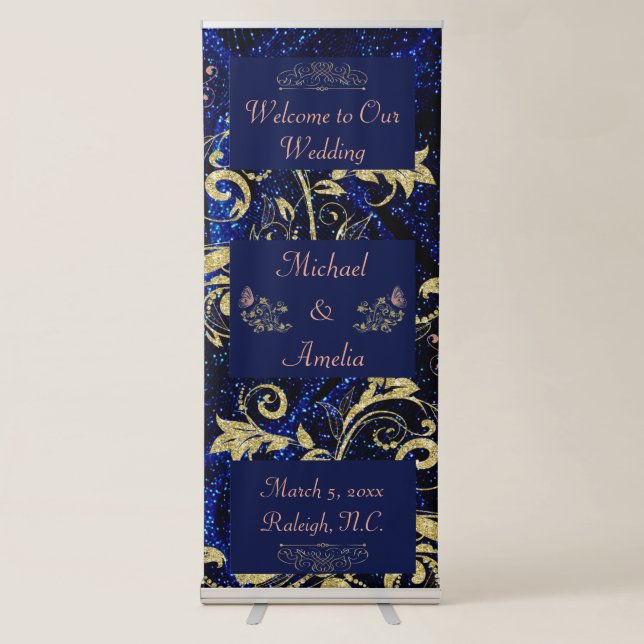 Royal Blue Gold Butterfly Wedding Banner (Front)