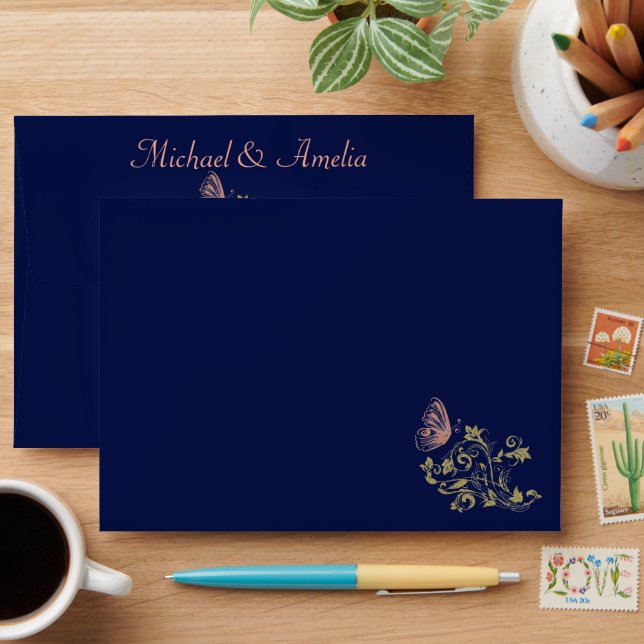 Royal Blue Gold Butterfly Wedding Card Envelope (Desk)