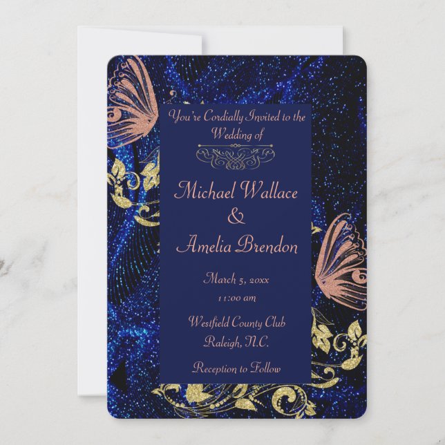 Royal Blue Gold Butterfly Wedding Round Invitation (Front)