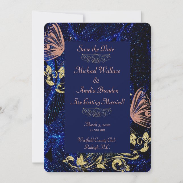 Royal Blue Gold Butterfly Wedding Save the Date (Front)