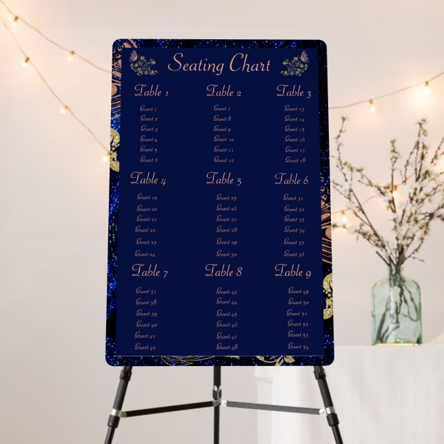 Royal Blue Gold Butterfly Wedding Seating Chart Foam Board (In Situ (Stand))