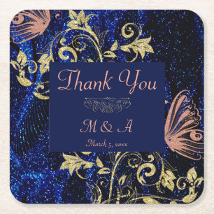 Royal Blue Gold Butterfly Wedding Square Paper Coaster