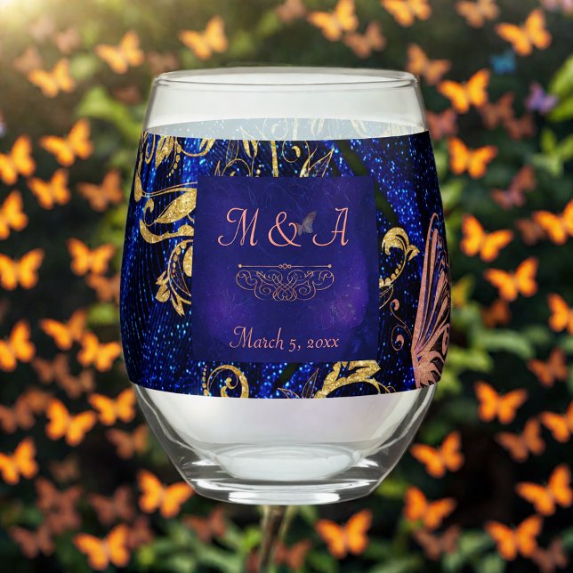 Royal Blue Gold Butterfly Wedding Stemless Wine Glass (Creator Uploaded)