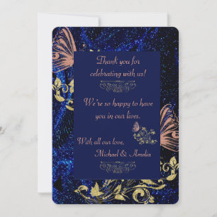 Royal Blue Gold Butterfly Wedding Thank You Card