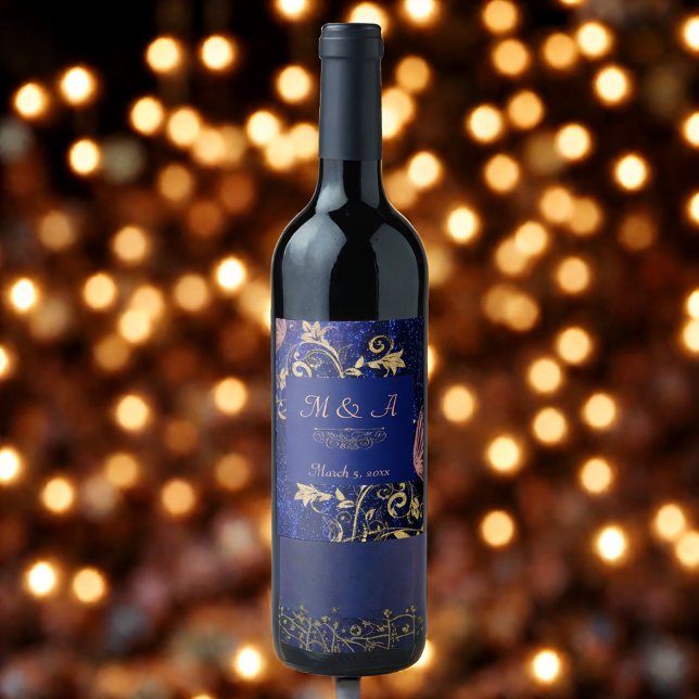 Royal Blue Gold Butterfly Wedding Wine Label (Creator Uploaded)