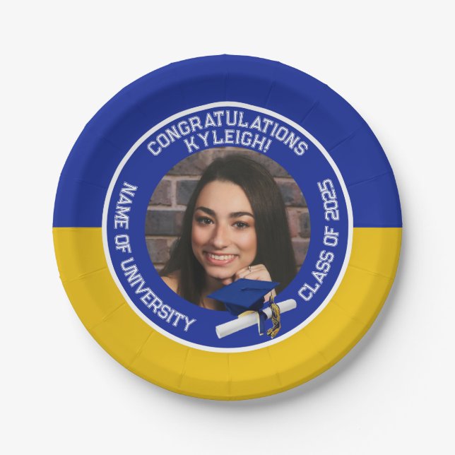 Royal Blue & Gold Cap & Diploma Photo Graduation Paper Plates (Front)