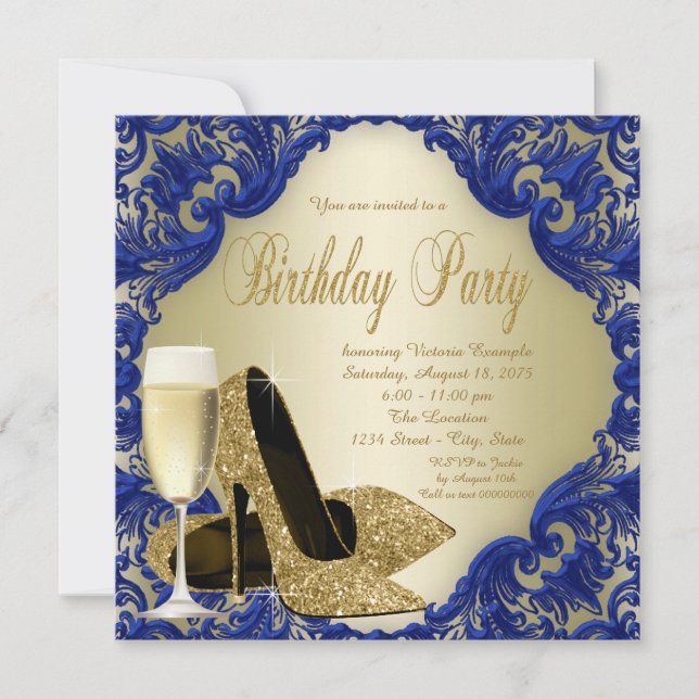 Royal Blue Gold Champagne Birthday Party Invitation (Front)