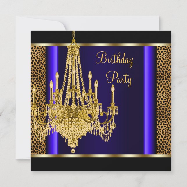 Royal Blue Gold Chandelier Leopard Birthday Party Invitation (Front)