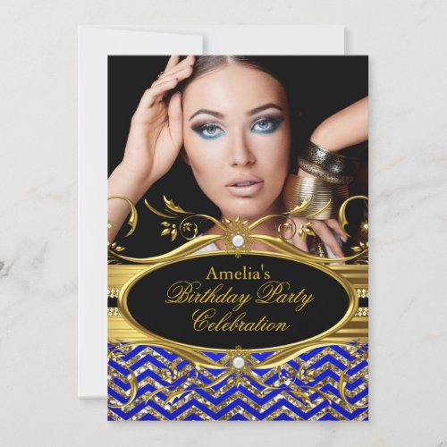 Royal Blue  gold Chevron Diamond Photo Birthday Invitation