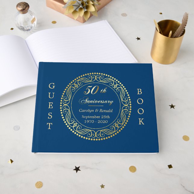 Royal Blue Gold Circle Anniversary Guest Book (Front Open)