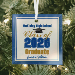 Royal Blue Gold Class of 2026 Graduation Christmas Glass Ornament