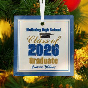 Royal Blue Gold Class of 2026 Graduation Christmas Glass Ornament