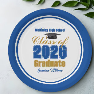 Royal Blue Gold Class of 2026 Graduation Party Paper Plates
