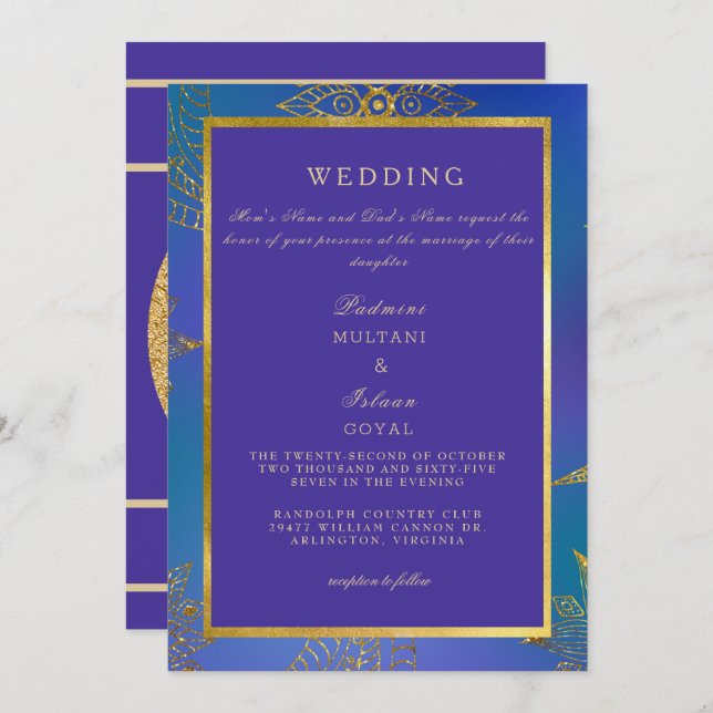 Royal Blue & Gold Colorful Wedding Invitation (Front/Back)