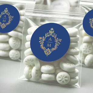 Royal Blue Gold Crest Monogram Vintage Wedding Classic Round Sticker
