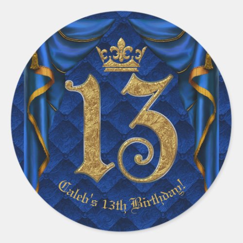 Royal Blue  Gold Crown 13 13th Birthday Party  Classic Round Sticker