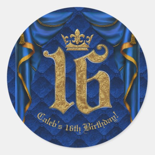 Royal Blue  Gold Crown 16 16th Birthday Party  Classic Round Sticker