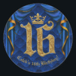 Royal Blue & Gold Crown 16 16th Birthday Party  Classic Round Sticker<br><div class="desc">Customize with any text you want.</div>