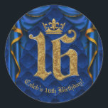 Royal Blue & Gold Crown 16 16th Birthday Party  Classic Round Sticker<br><div class="desc">Customize with any text you want.</div>