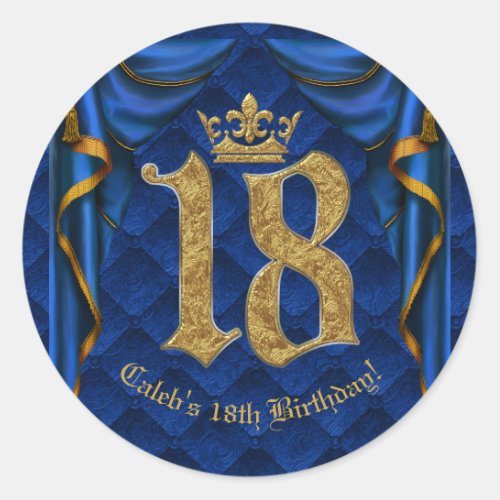 Royal Blue  Gold Crown 18 18th Birthday Party   Classic Round Sticker