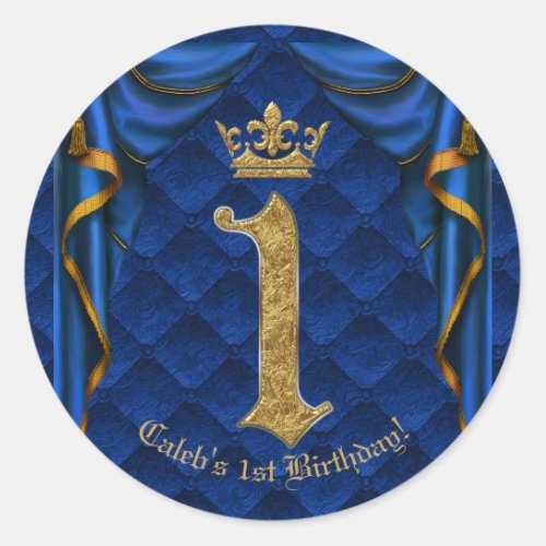 Royal Blue  Gold Crown 1 1ST Birthday Party Classic Round Sticker
