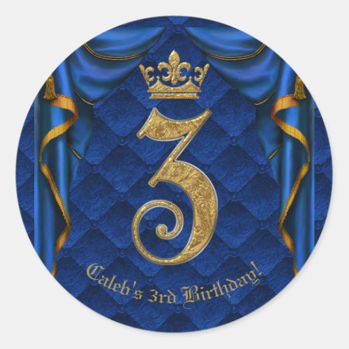 Royal Blue  Gold Crown 3 3RD Birthday Party   Classic Round Sticker