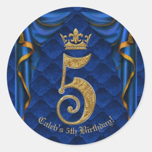 Royal Blue  Gold Crown 5 5th Birthday Party Classic Round Sticker