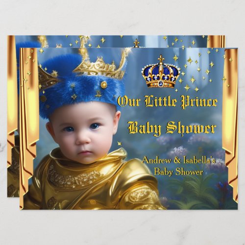 Royal Blue Gold Crown Drapes Prince Baby Shower Invitation