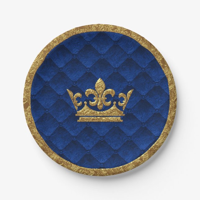 Royal Blue & Gold Crown Elegant Royal Storybook Paper Plates (Front)