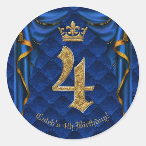 Royal Blue  Gold Crown FOUR 4 4th Birthday Party Classic Round Sticker