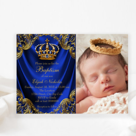 Royal Blue Gold Crown Little Prince Baptism Invitation