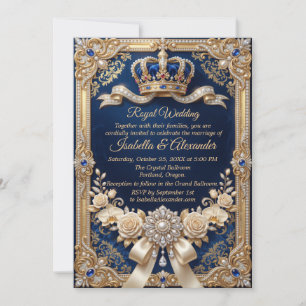 Royal Blue Gold Crown Pearl Elegant Luxury Invitation