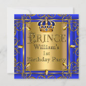 Royal Blue Gold Crown Prince 1st Birthday Boys 2 Invitation (Front)