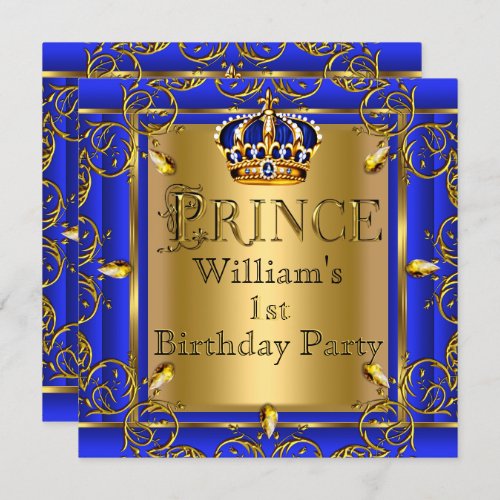 Royal Blue Gold Crown Prince 1st Birthday Boys 2 Invitation