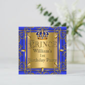 Royal Blue Gold Crown Prince 1st Birthday Boys 2 Invitation (Standing Front)