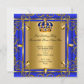 Royal Blue Gold Crown Prince 1st Birthday Boys 2 Invitation (Back)