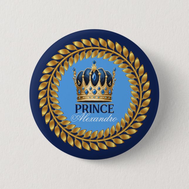 Royal Blue Gold Crown Prince Baby Shower/Birthday Button (Front)