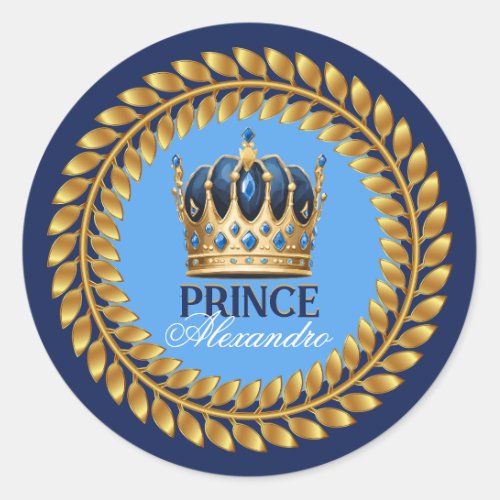 Royal Blue Gold Crown Prince Baby ShowerBirthday Classic Round Sticker