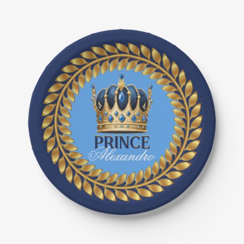 Royal Blue Gold Crown Prince Baby ShowerBirthday Paper Plates
