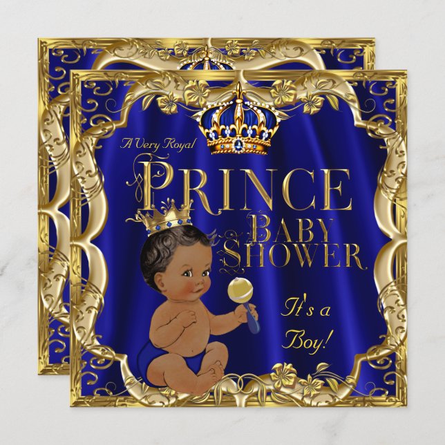 Royal Blue Gold Crown Prince Baby Shower Ethnic Invitation (Front/Back)
