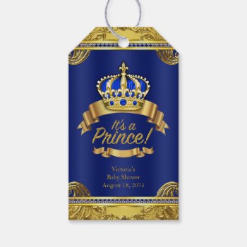 Royal Blue Gold Crown Prince Baby Shower Gift Tags by BabyCentral at Zazzle