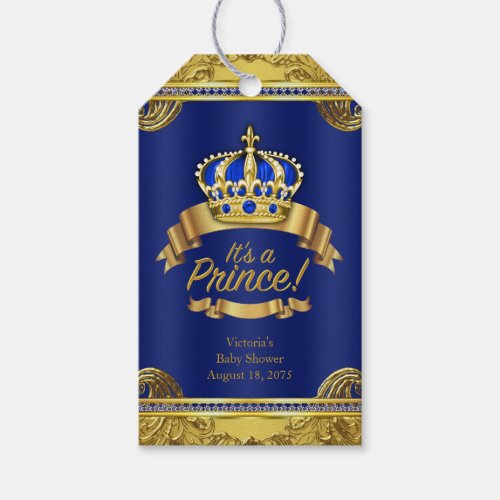 Royal Blue Gold Crown Prince Baby Shower Gift Tags
